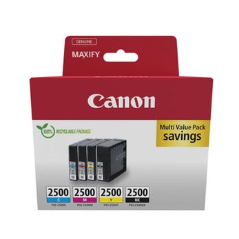 Canon PGI-2500 BK/C/M/Y Multipack. Versorgungstyp: Multipack, Druckfarben: Schwarz, Cyan, Magenta, Gelb, Menge pro Packung: 4 Stück(e)